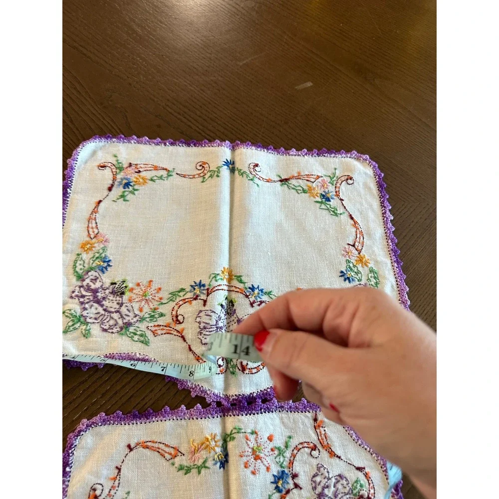 Vintage Hand Embroidered Linen Vanity Set Purple Floral Crochet Lace Trim 2pc